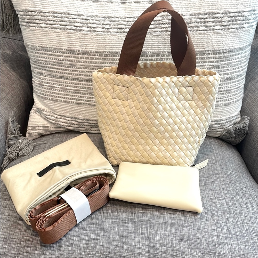 Naghedi Petite Cream and Brown Woven Tote Bag. New without tag